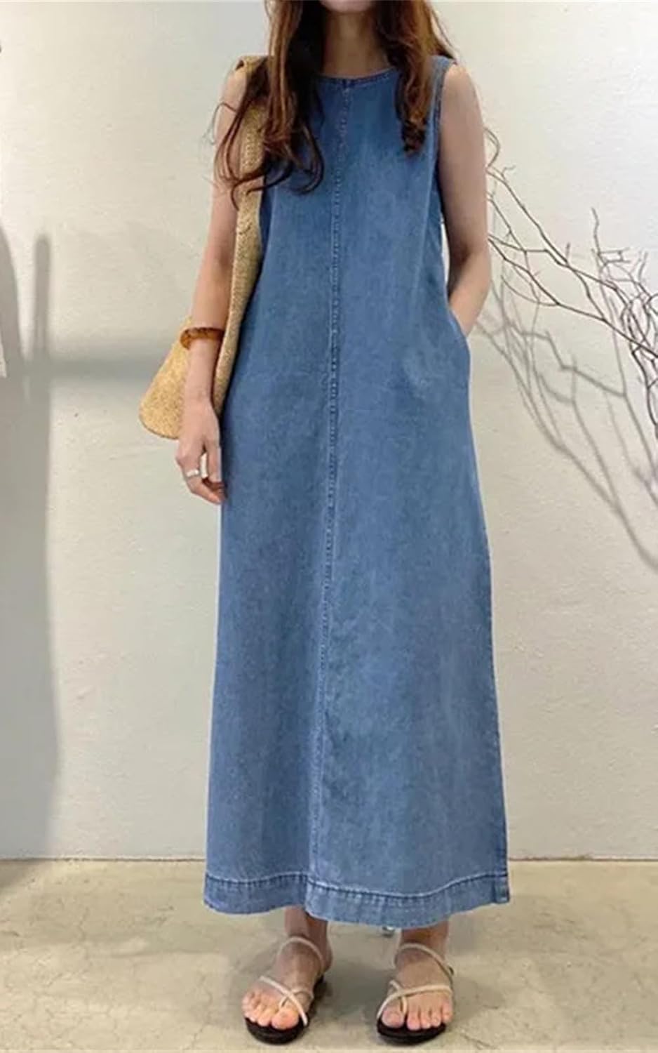 Women's Casual Sleeveless Maxi Dress Crewneck Vintage Loose Long Vest Jean Dress with Pockets