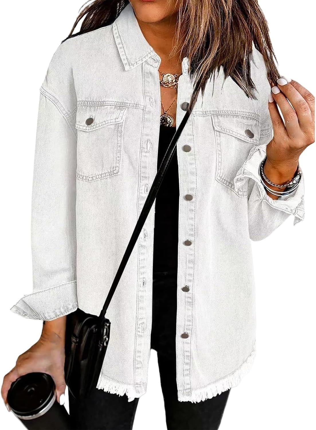 Women's Jacket Trendy Frayed Hem Long Sleeve Button Down Shirts Jean Jacket