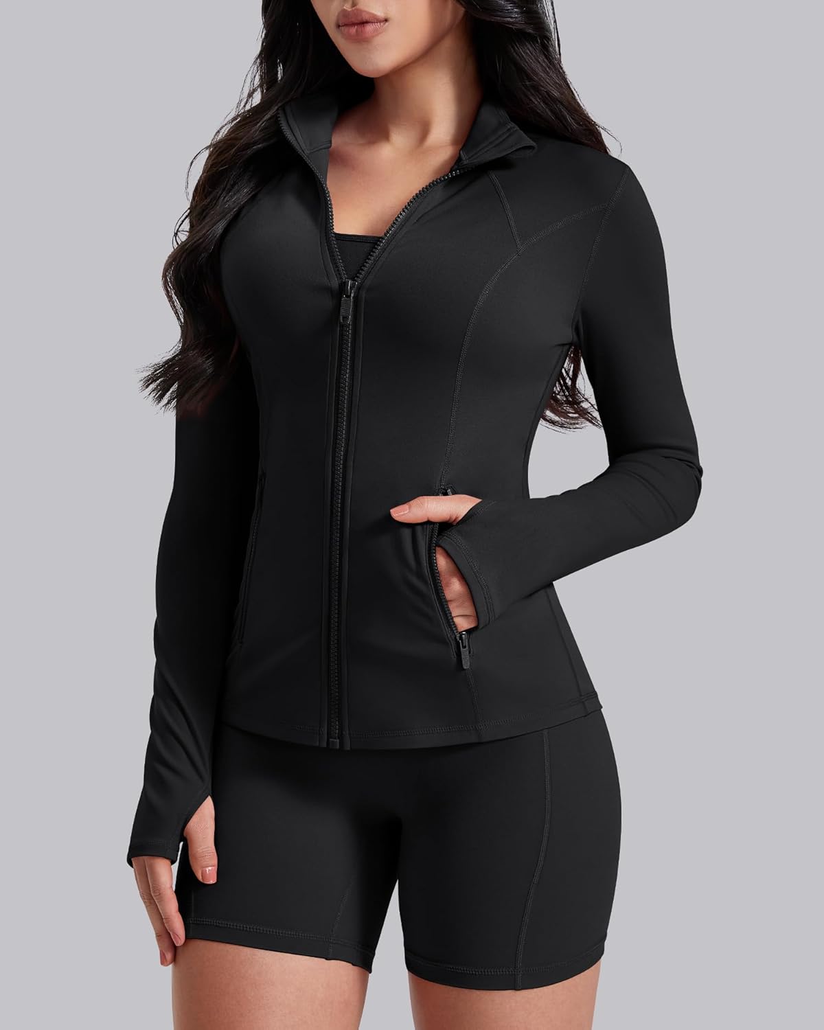 Women's Workout Jackets Athletic Zip Up Jacket Slim Fit Running Gym Top with Pockets & Thumb Holes