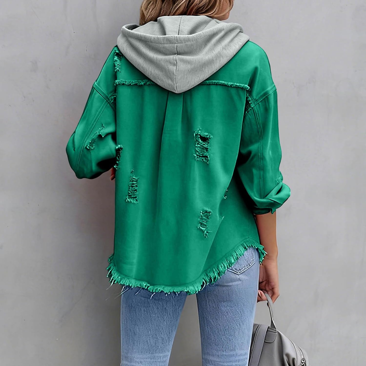 Women's Jacket for Button Down Long Sleeve Jean Jacket Casual Frayed Hem Ripped Jean Coat