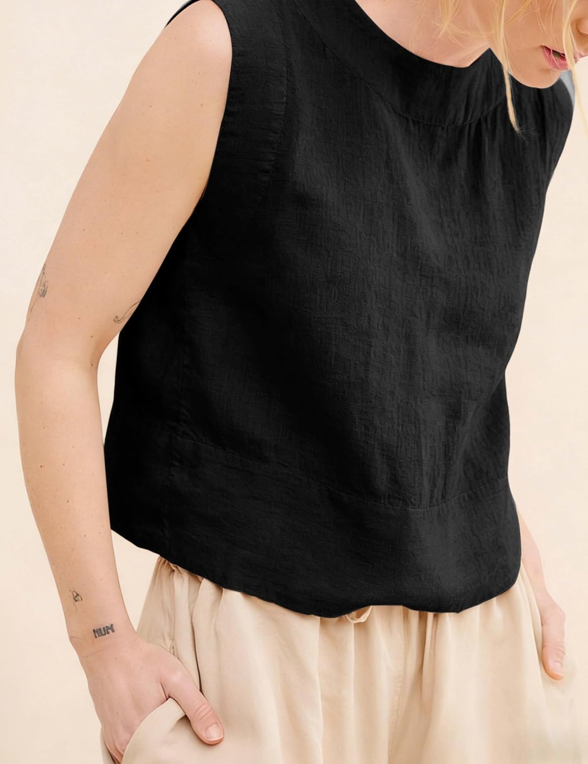 Women's Cotton Linen Tank Tops Loose Back Half Button Crewneck Vest Sleeveless Summer Shirt Tops