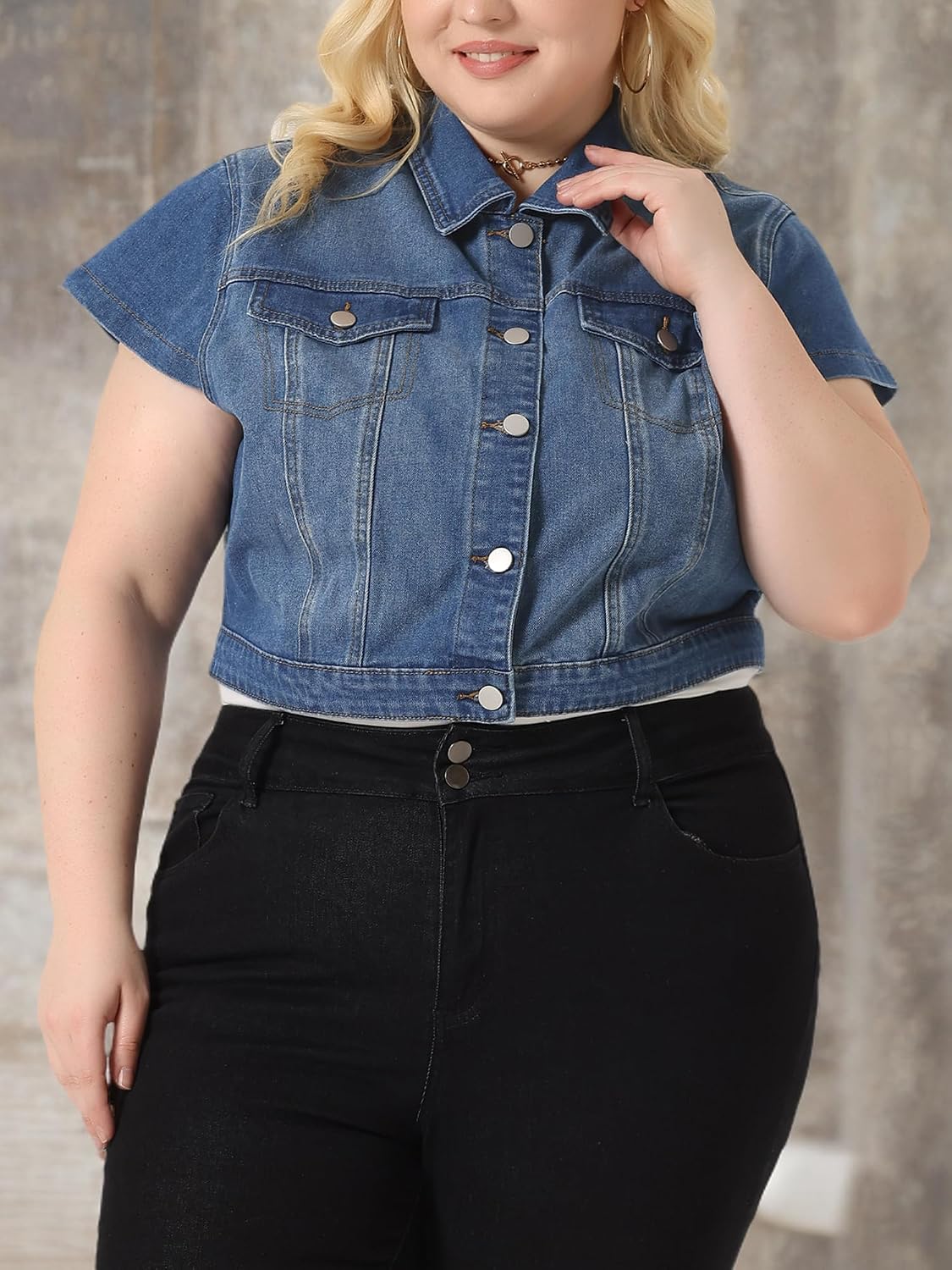 Women's Short Sleeve Jackets Button Front Cropped Jean Jacket
