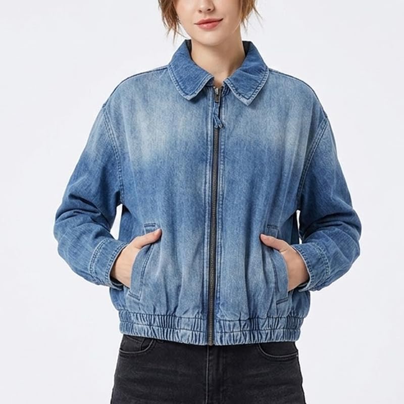 Women's Zipper Bomber Jacket Lapel Long Sleeve Zip Up Casual Jean Jackets