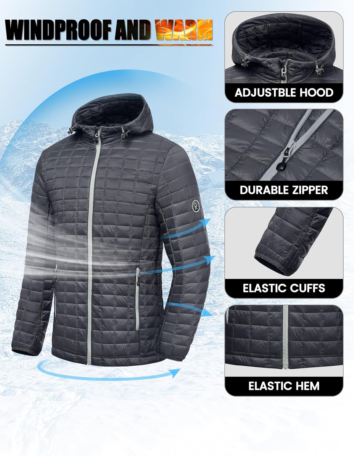 Men's Puffer Jacket Winter Coat with Hood Jackets Waterproof with Recycled Insulation Outdoor