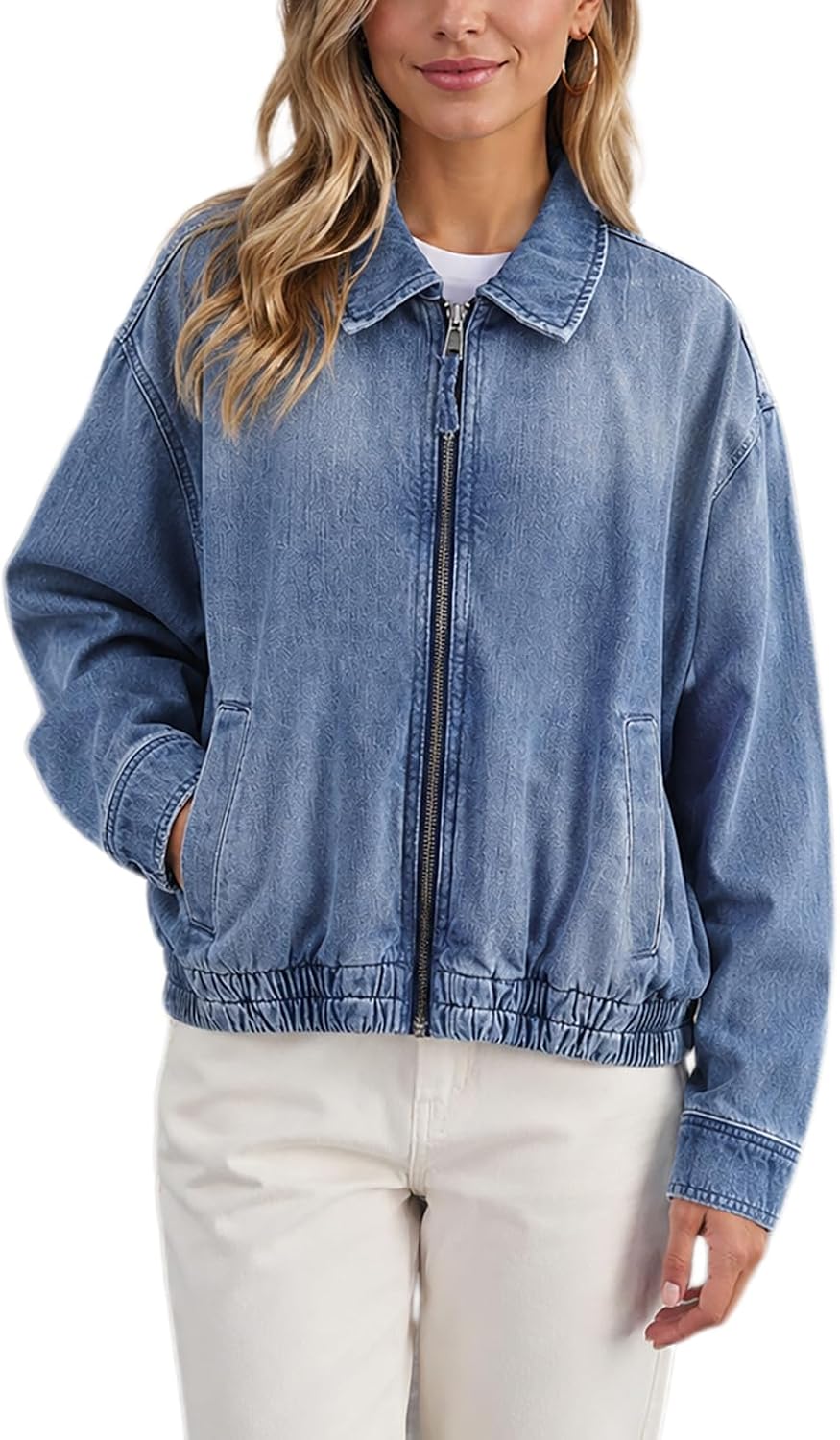Women's Zipper Bomber Jacket Lapel Long Sleeve Zip Up Casual Jean Jackets