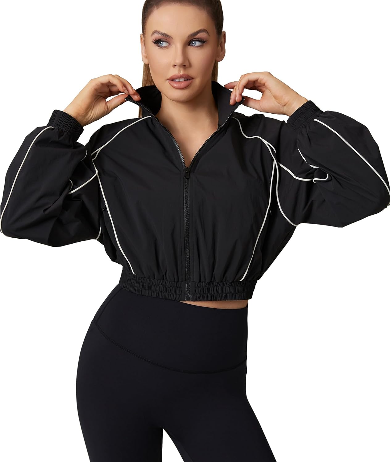 Women's Athletic Windbreaker Cropped Jacket Track Zip Up Sporty Jackets Gym Workout Tops