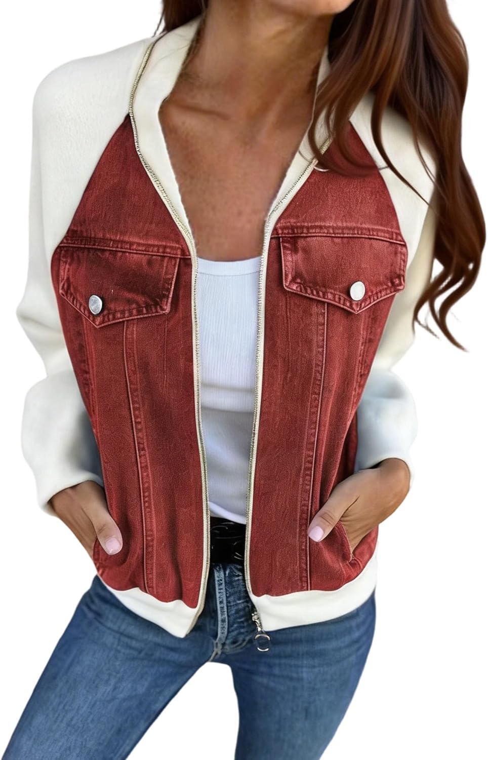 Women's Bomber Jacket Zip Up Patchwork Varsity Baseball Cute Coats