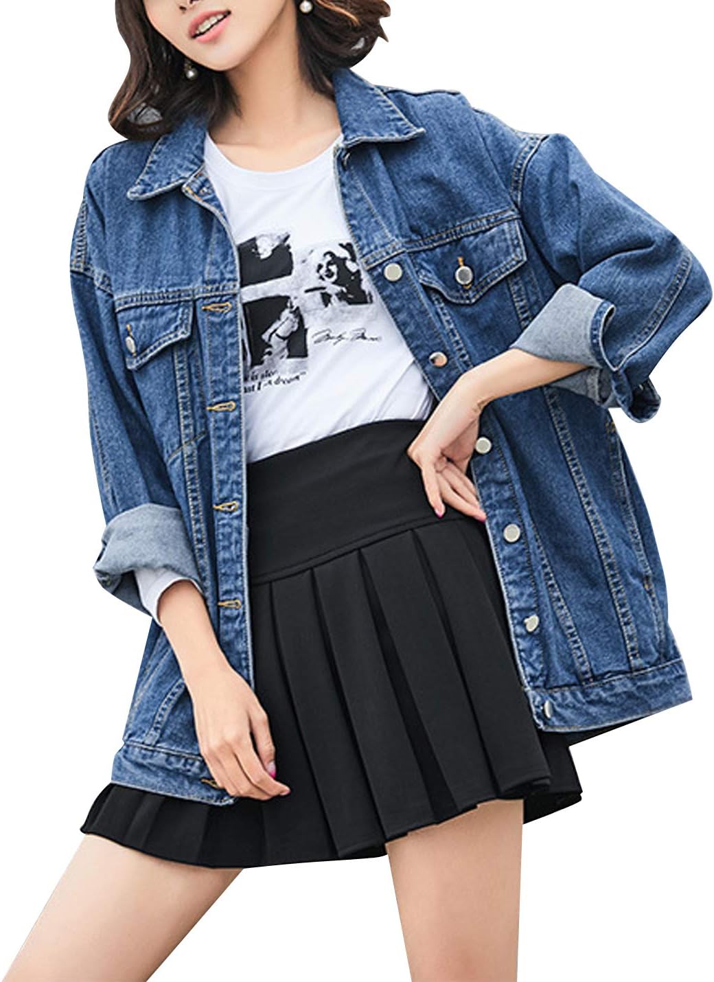 Women's Mid Long Jacket Jean Biker Coat