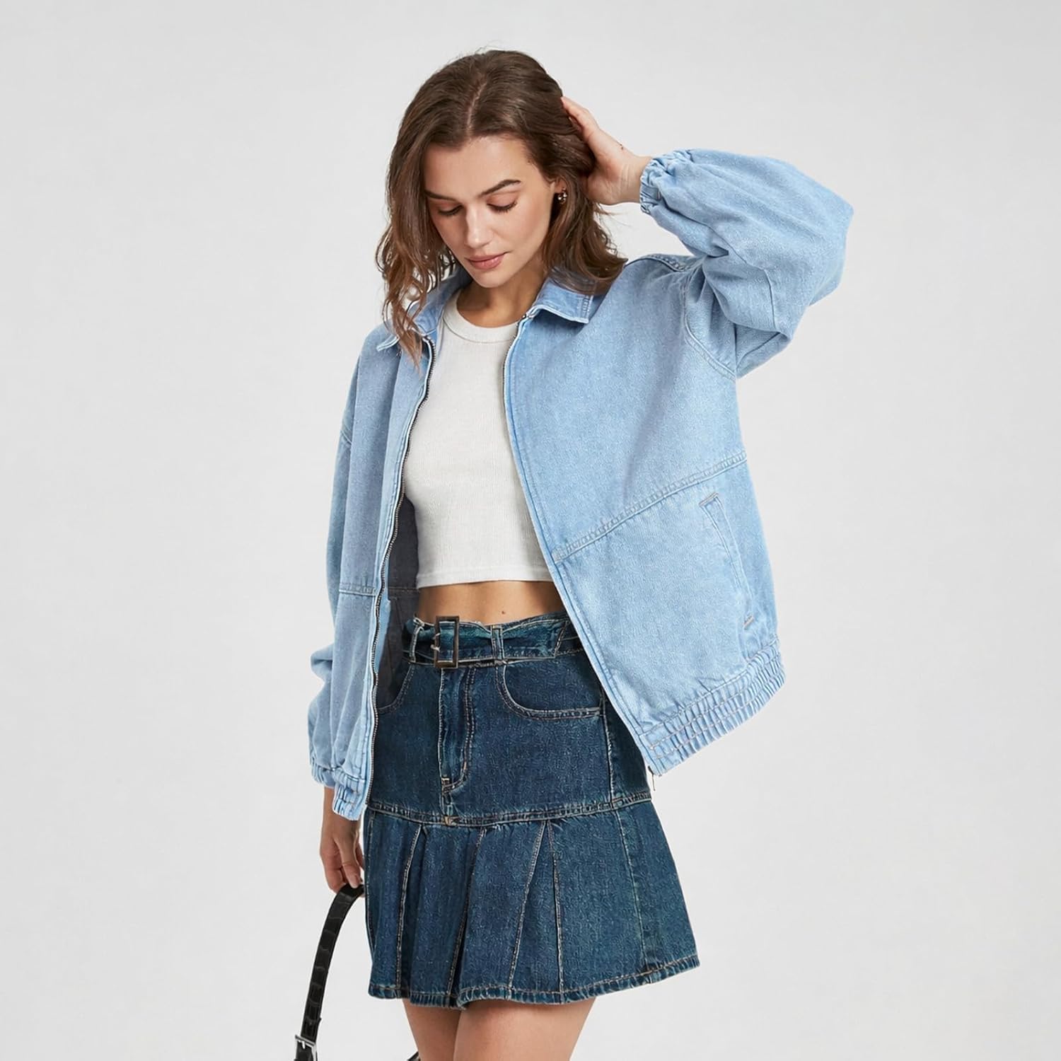 Women's Jacket Zip Up Elastic Hem Casual Loose Fit Bomber Jean Jackets Women's Jacket Zip Up Elastic Hem Casual Loose Fit Bomber Jean Jackets
