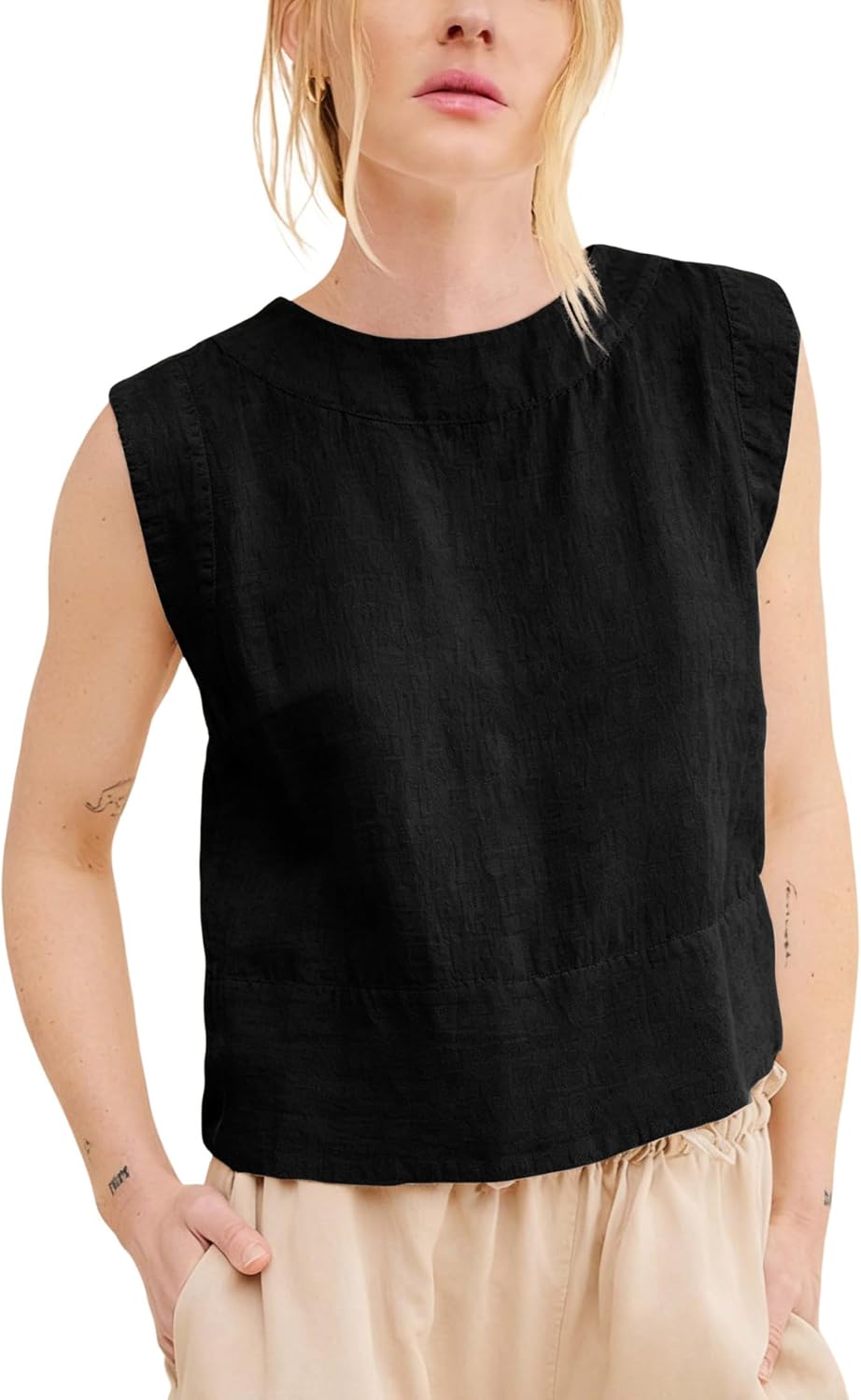 Women's Cotton Linen Tank Tops Loose Back Half Button Crewneck Vest Sleeveless Summer Shirt Tops