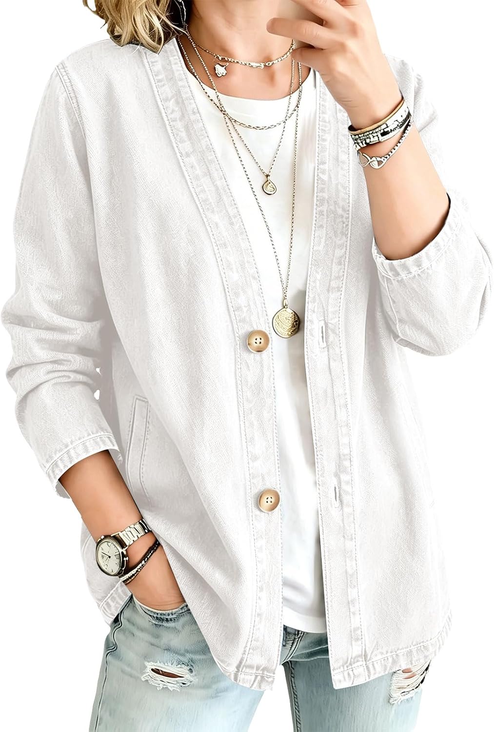 Women's Jacket V Neck Long Sleeve Button Front Soft Casual cardigan Spring Jean Jacket
