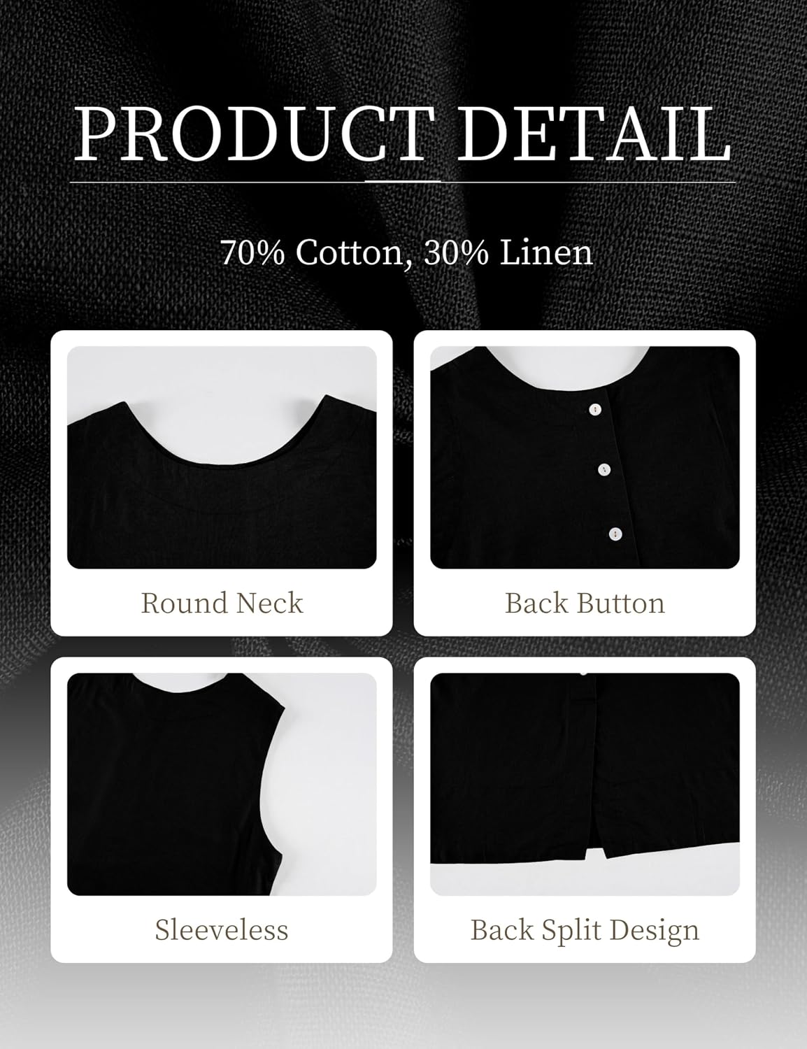 Women's Cotton Linen Tank Tops Loose Back Half Button Crewneck Vest Sleeveless Summer Shirt Tops