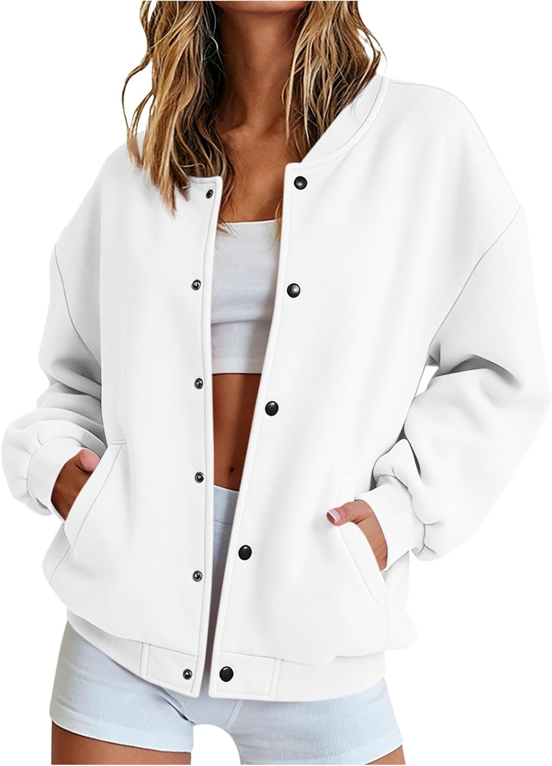 Women's Bomber Jacket for Casual Button down Trendy Sweatshirt Fall Winter Long Sleeve Outfits with Pockets
