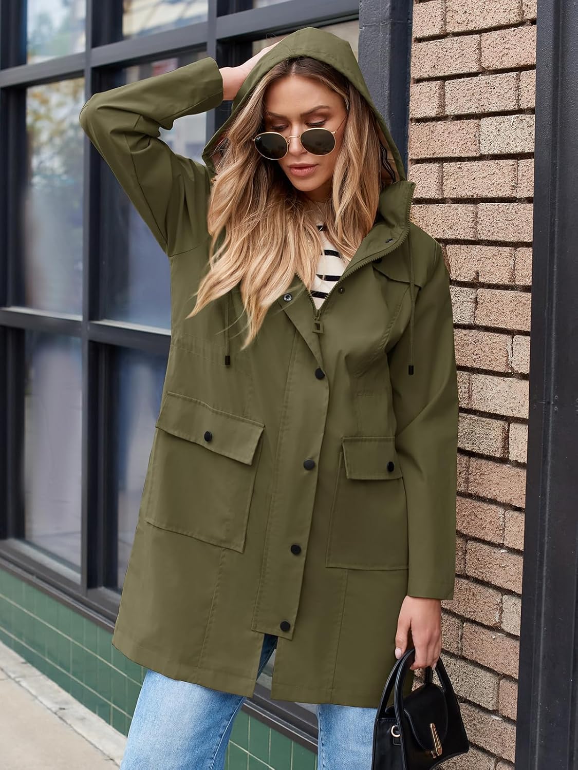 Women's Waterproof Rain Jacket Long Raincoat Hooded Windbreaker Trench Coat