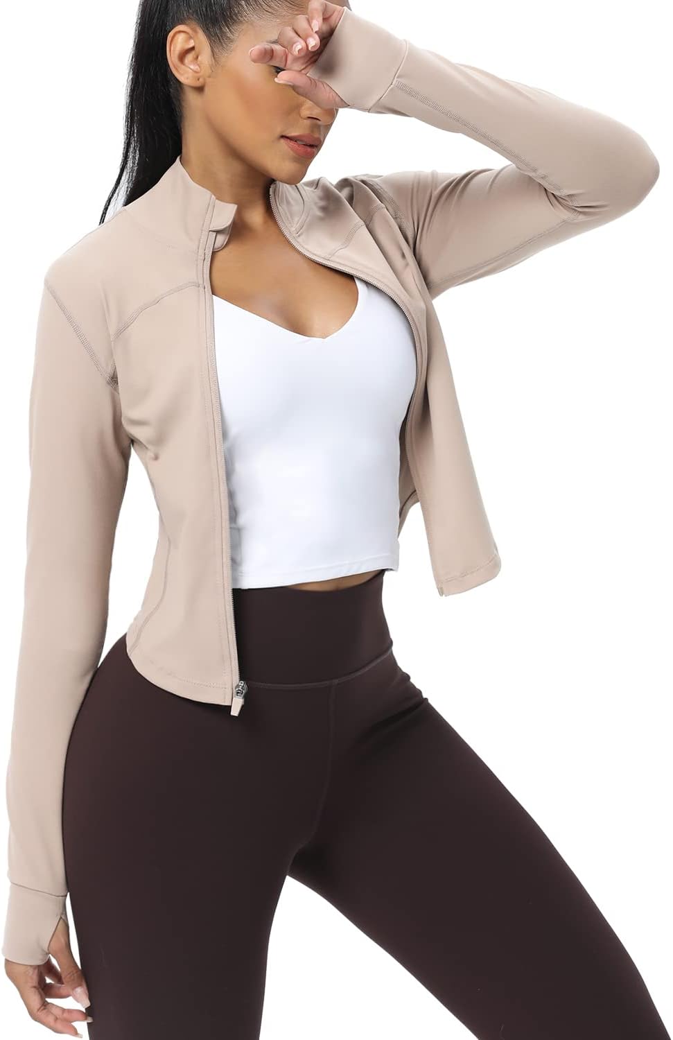 Women's Cropped Running Workout Jackets Zip Slim Fit Athletic Tops with Thumb Holes