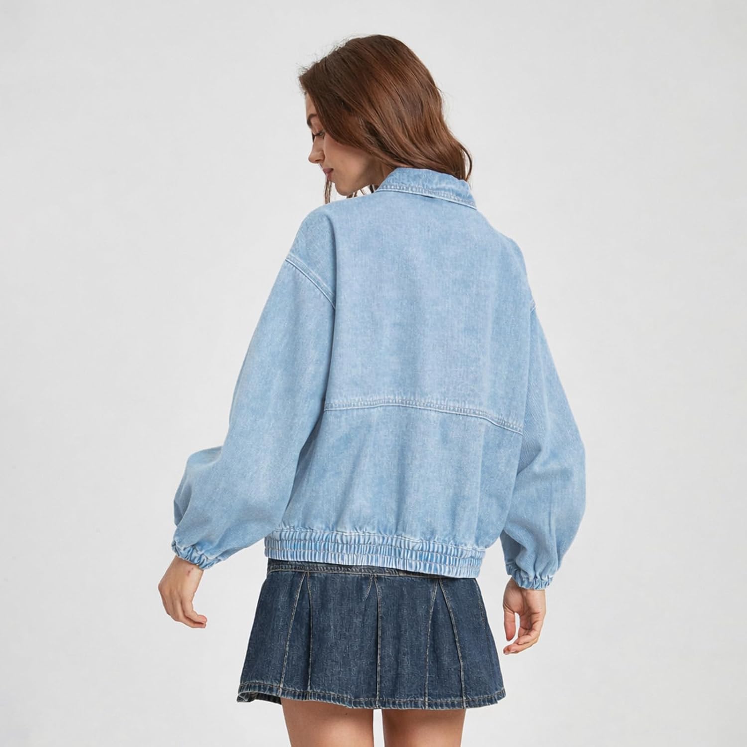 Women's Jacket Zip Up Elastic Hem Casual Loose Fit Bomber Jean Jackets Women's Jacket Zip Up Elastic Hem Casual Loose Fit Bomber Jean Jackets