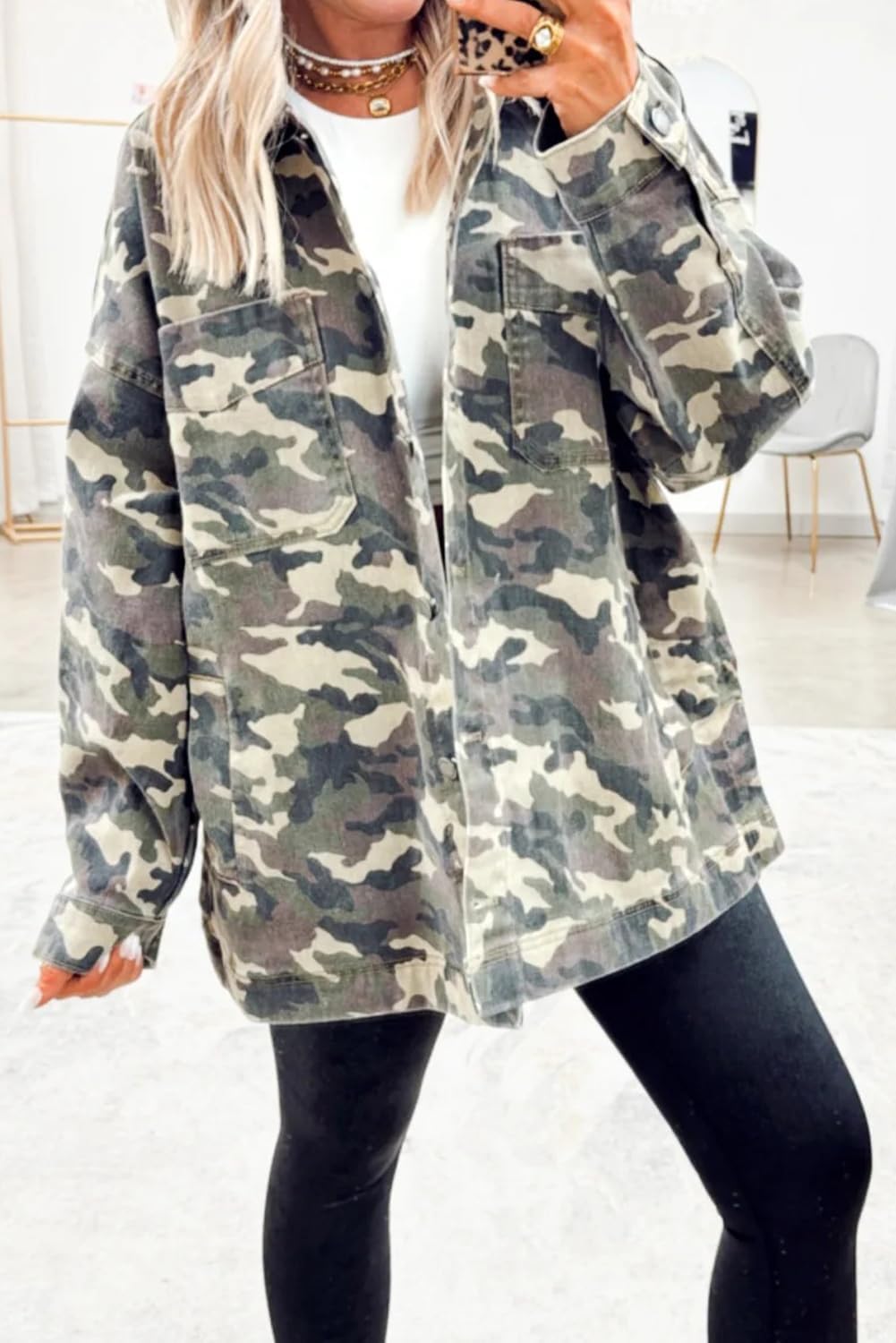 Women's Camo Jacket for Button Down Long Sleeve Jean Jacket Vintage Casual Jackets with Chest Pockets