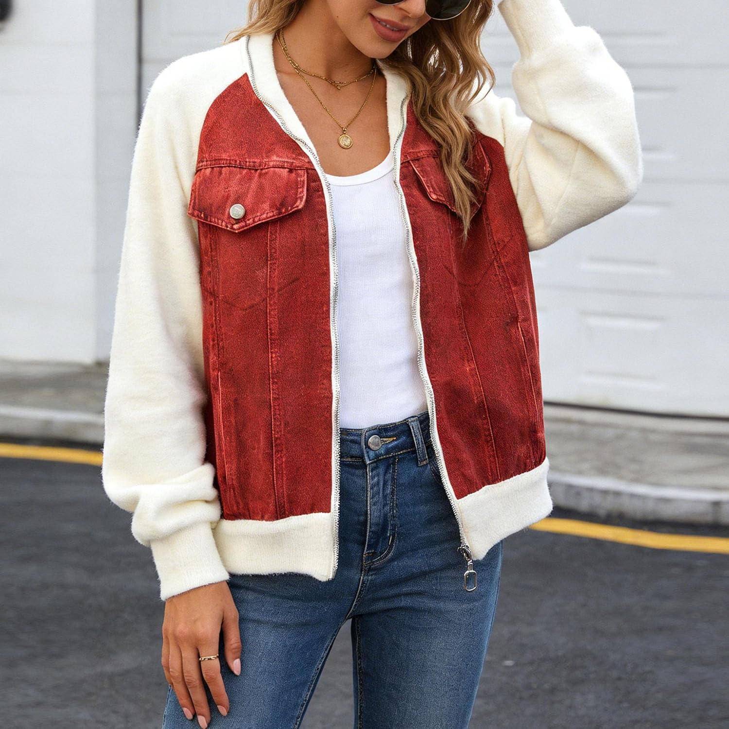 Women's Bomber Jacket Zip Up Patchwork Varsity Baseball Cute Coats