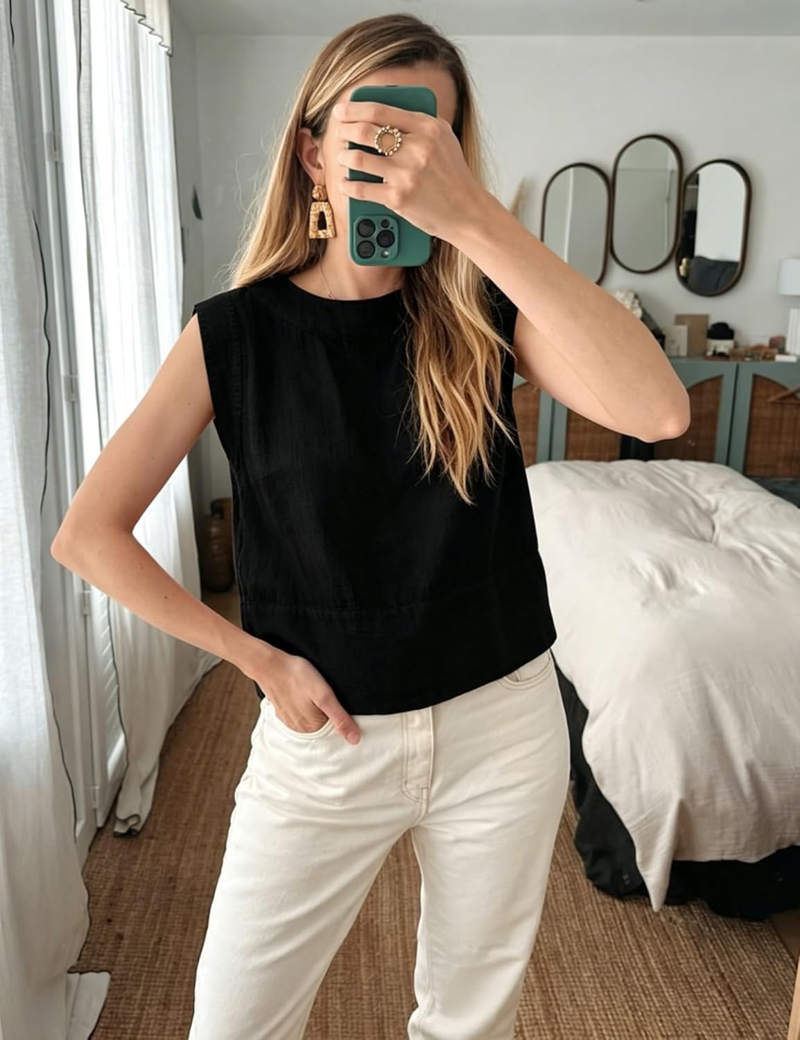Women's Cotton Linen Tank Tops Loose Back Half Button Crewneck Vest Sleeveless Summer Shirt Tops